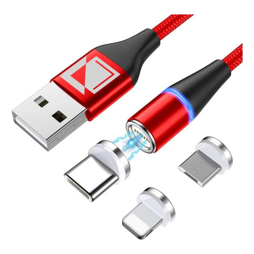 Cabo Magnético 3 em 1 Altomex AL-C360 3A 1m - Micro USB, Tipo-C e Lightning - Vermelho