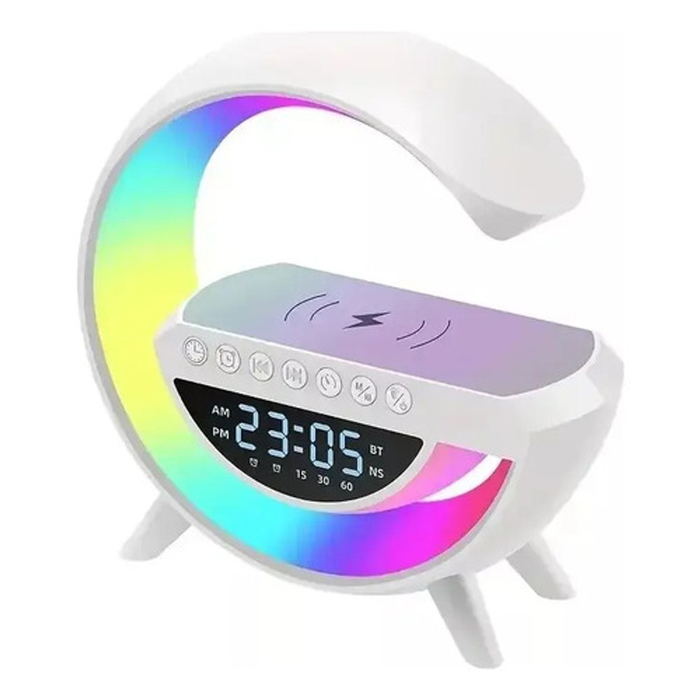 Luminária G com Caixa de Som Bluetooth, Relógio e Carregador por Indução BT-3401