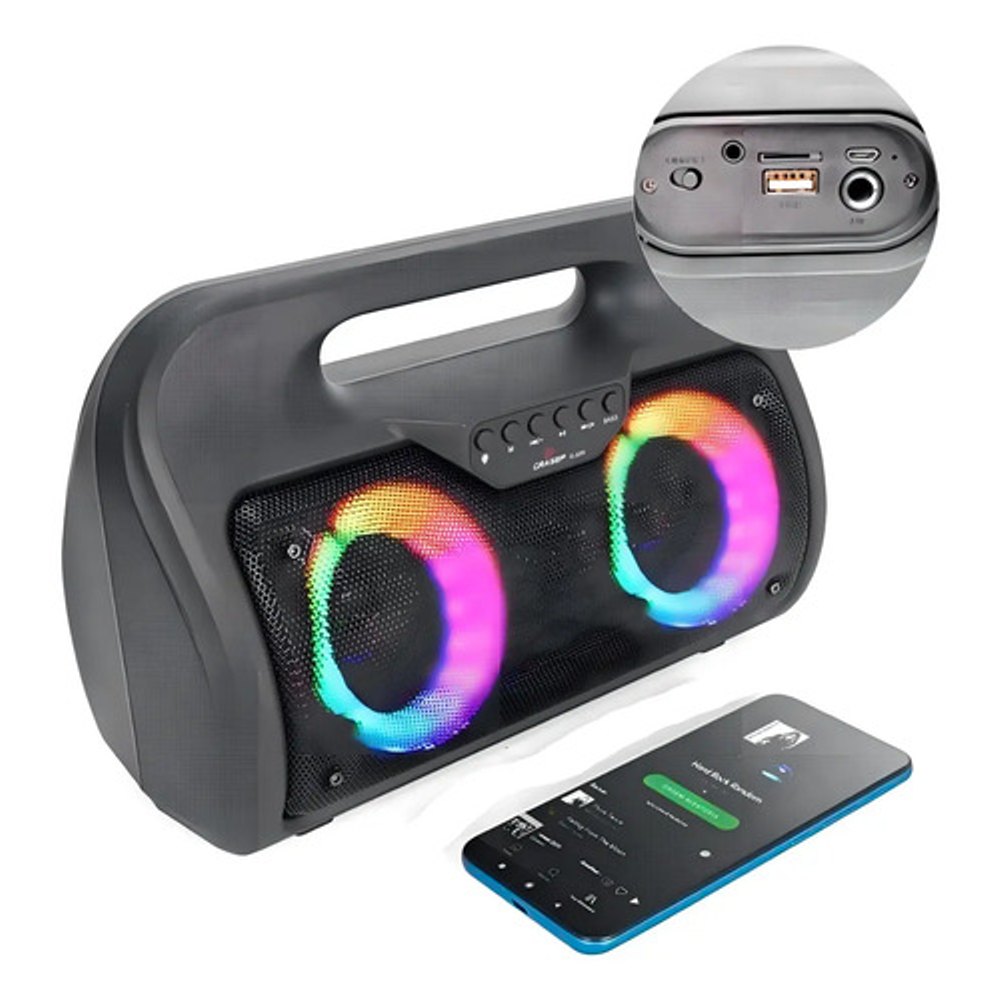 Caixa de Som Bluetooth Grasep D-3205 20W RGB com Entrada de Microfone e Rádio FM - Preta