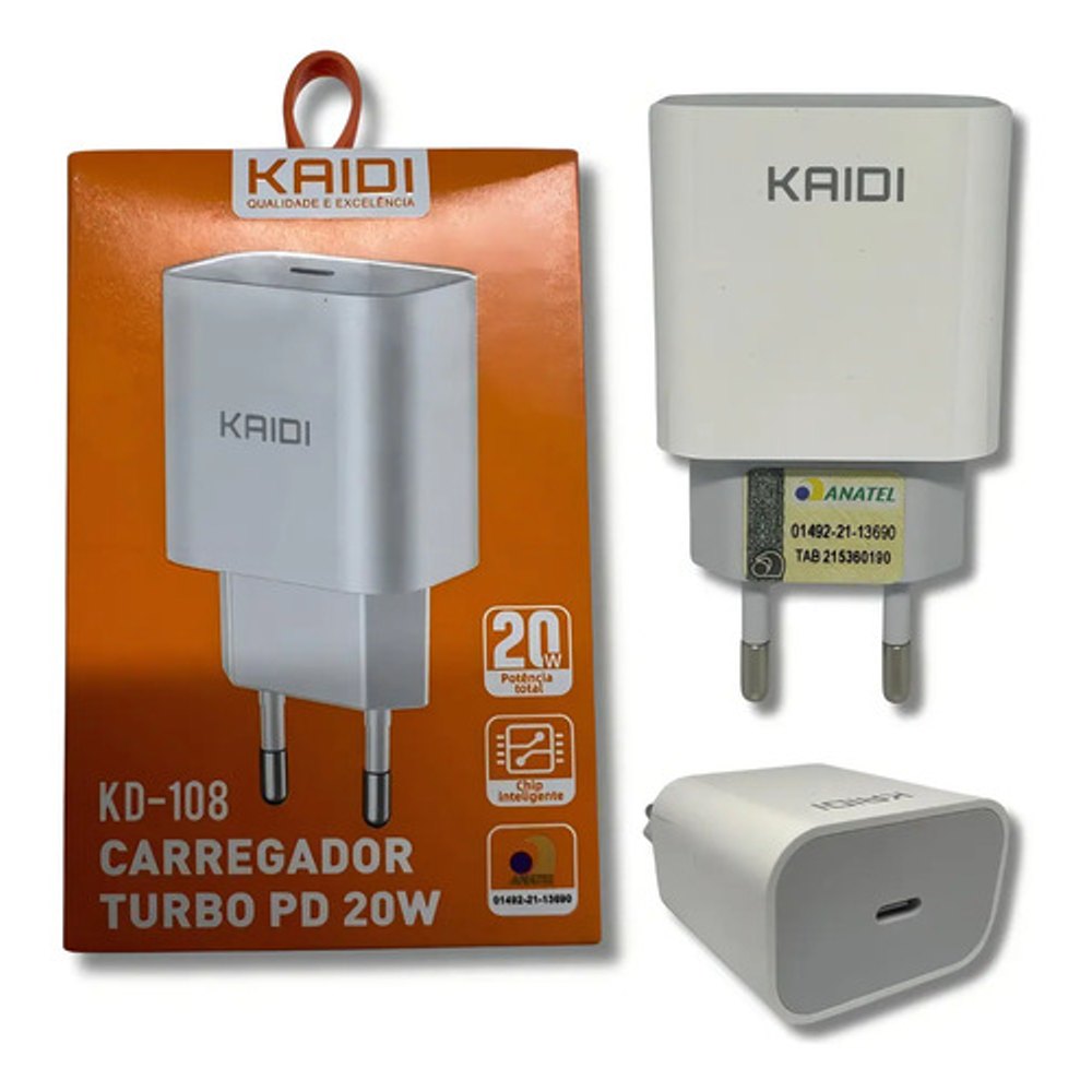 Carregador Kaidi 20W KD-108 Branco - Carregamento Rápido