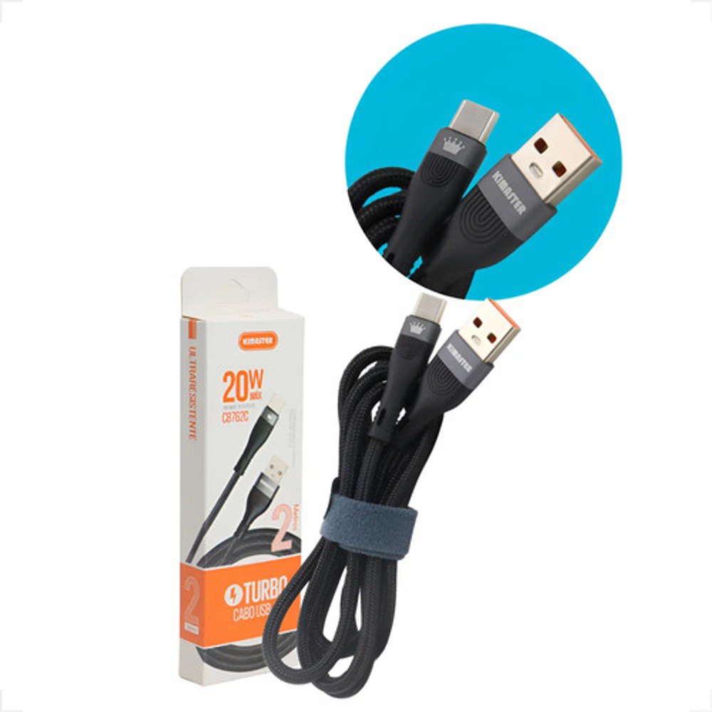 Cabo Carregador Tipo-C Kimaster CB729 2m 5A Nylon - Preto
