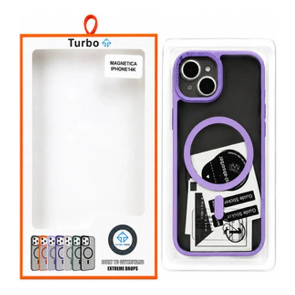 Capa Magnética Turbo iPhone 14 Transparente Borda Roxa
