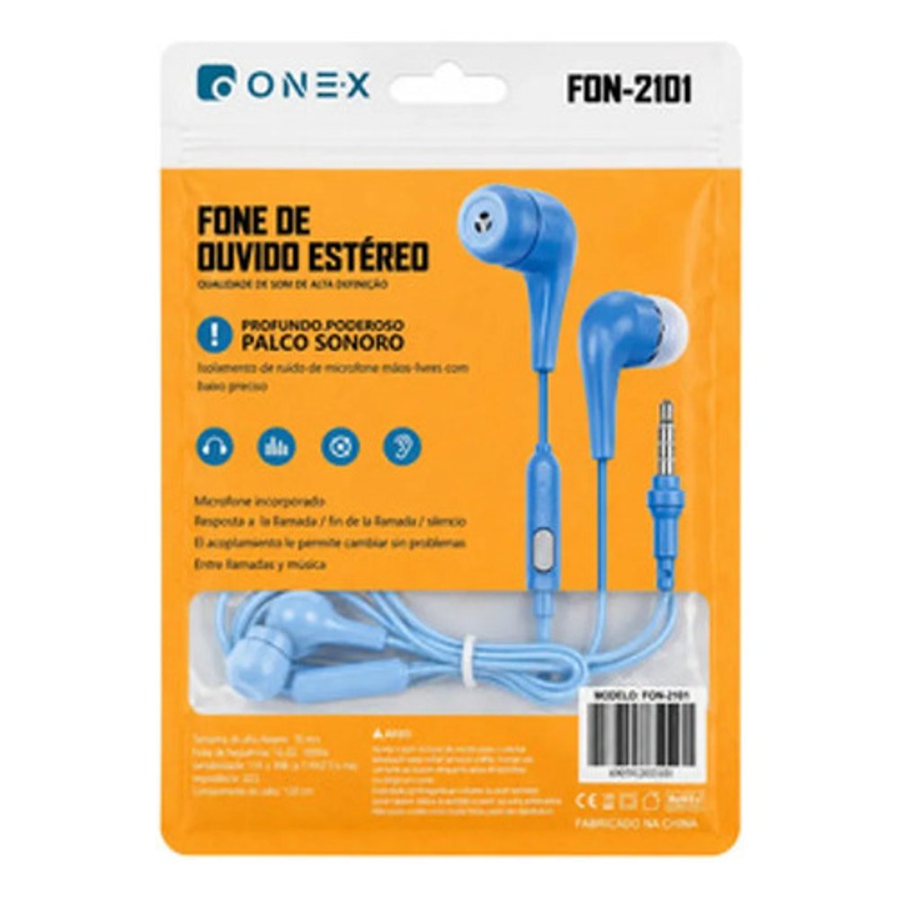 Fone de Ouvido com Fio Onex Fon-2101 Estéreo com Microfone - Azul
