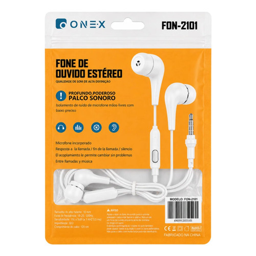 Fone de Ouvido com Fio Onex Fon-2101 Estéreo com Microfone - Branco