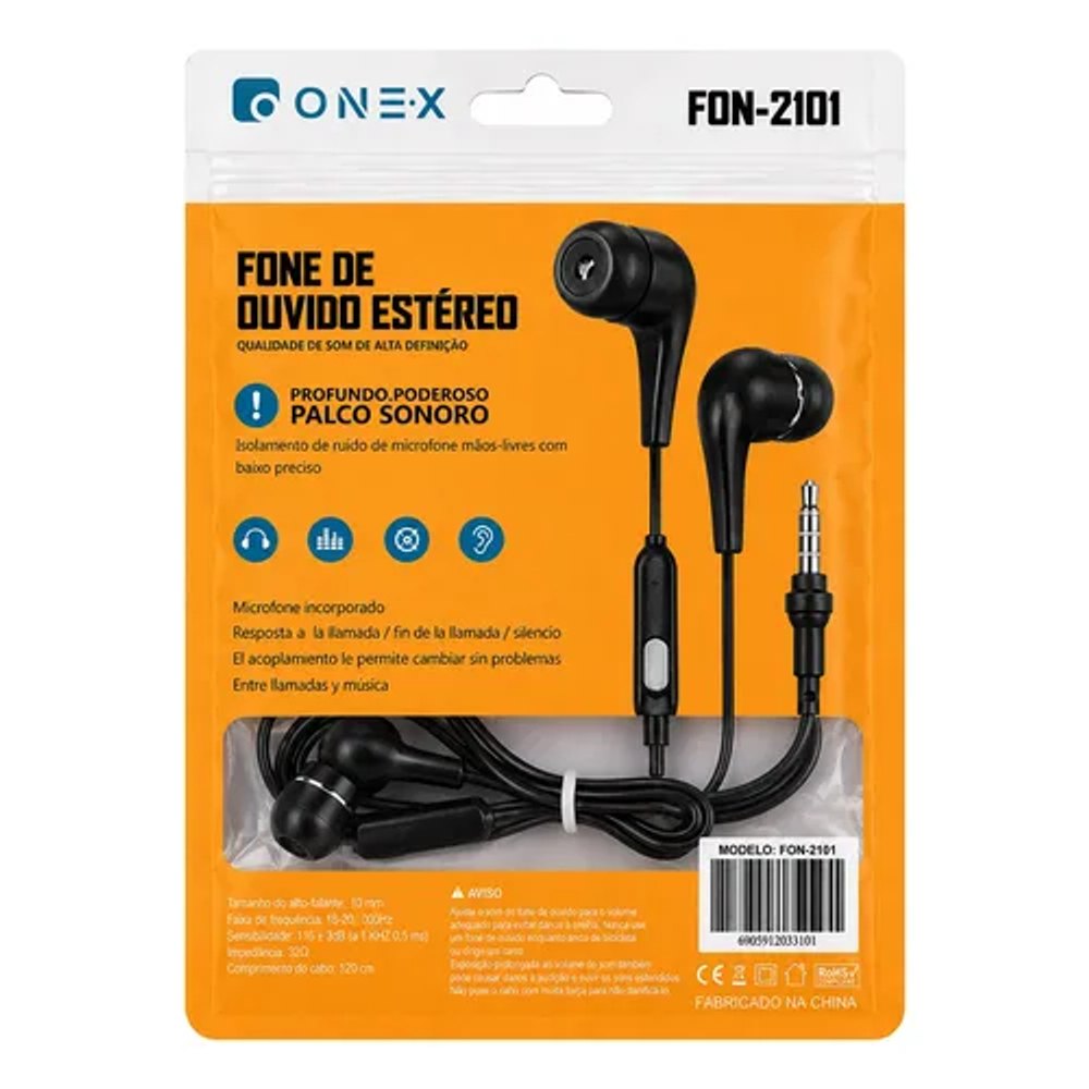Fone de Ouvido com Fio Onex Fon-2101 Estéreo com Microfone - Preto