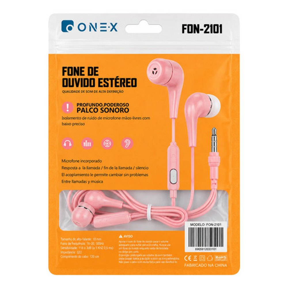 Fone de Ouvido com Fio Onex Fon-2101 Estéreo com Microfone - Rosa