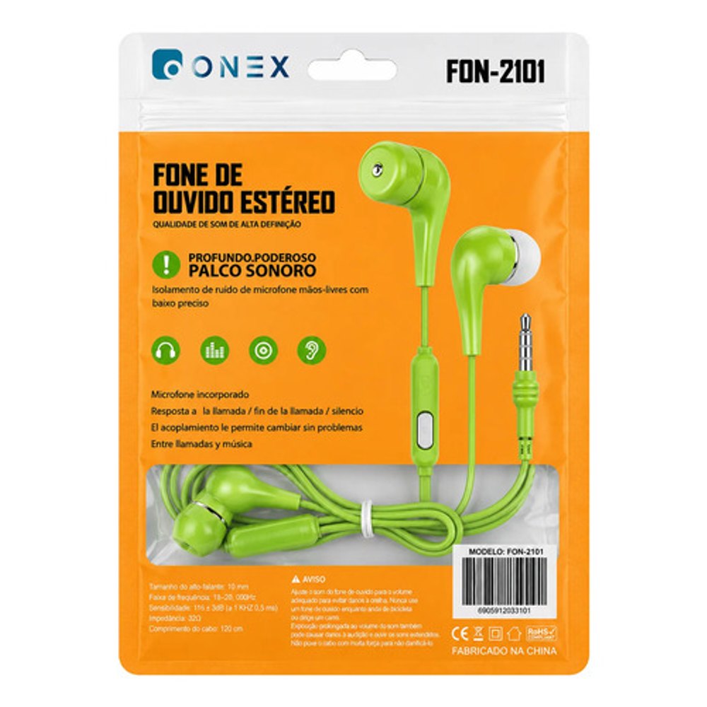 Fone de Ouvido com Fio Onex Fon-2101 Estéreo com Microfone - Verde