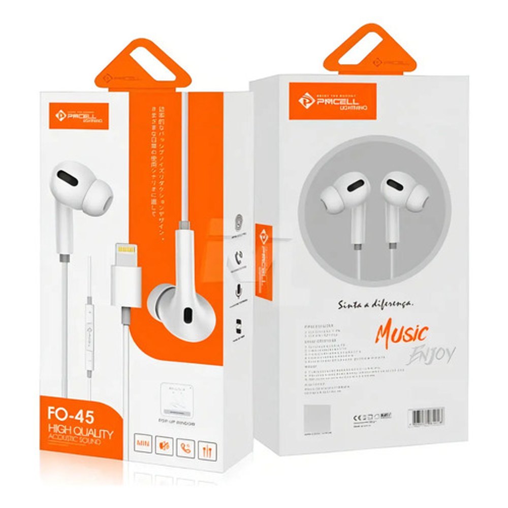 Fone de Ouvido In-Ear PMCELL FO-45 com Fio Lightning e Microfone - Branco